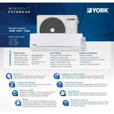 MINI SPLIT 1.5T S/F YORK 220V R410A 11SEER MODELO DE SET YHFE18ZJMAXAORX